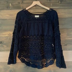Deletta Crocheted Knit Long Sleeve Blouse - Dark navy